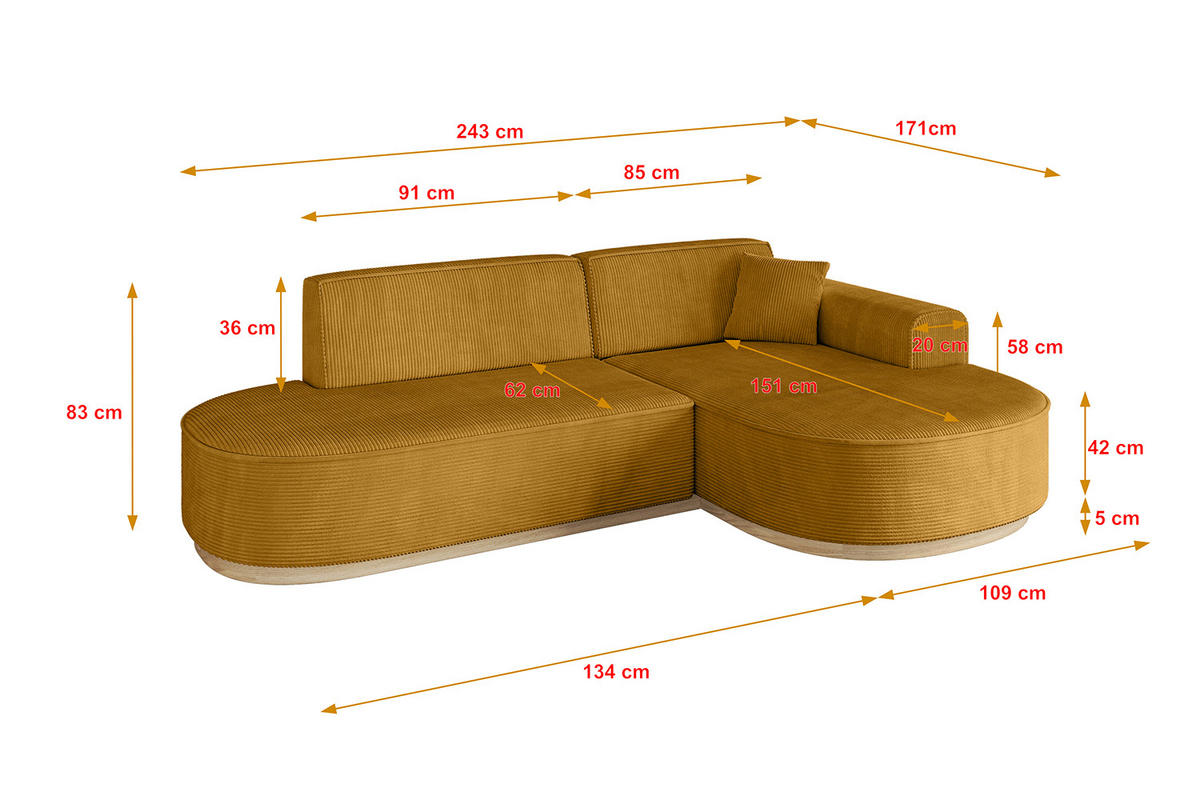 ECKSOFA Ottomane Rechts MARI-L1-v1 - 243x171x83 cm Senfgelb Cord - Gelb, Holzwerkstoff/Textil (171/243cm) - ALTDECOR
