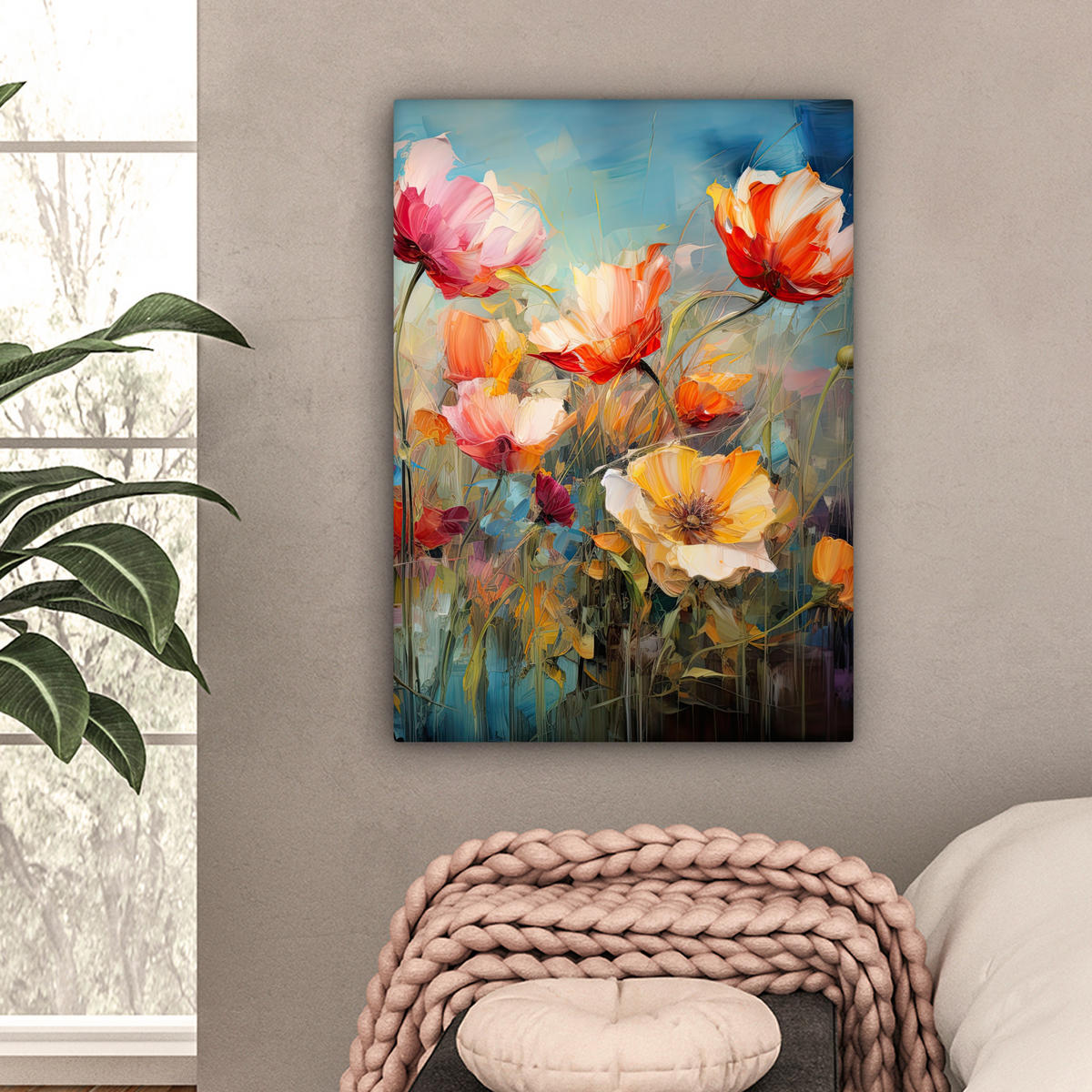 LEINWANDBILD Blumen - Aquarell - Kunst - Botanisch - Natur Wandbild Wohnzimmer 60x80 cm - Orange, Textil (60/80cm) - MuchoWow