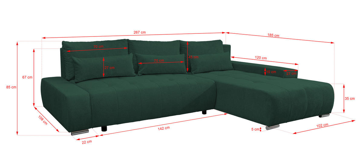 ECKSOFA Bloom mit Bettkasten und Schlaffunktion L-Form - Grün, Textil (267/185cm)
