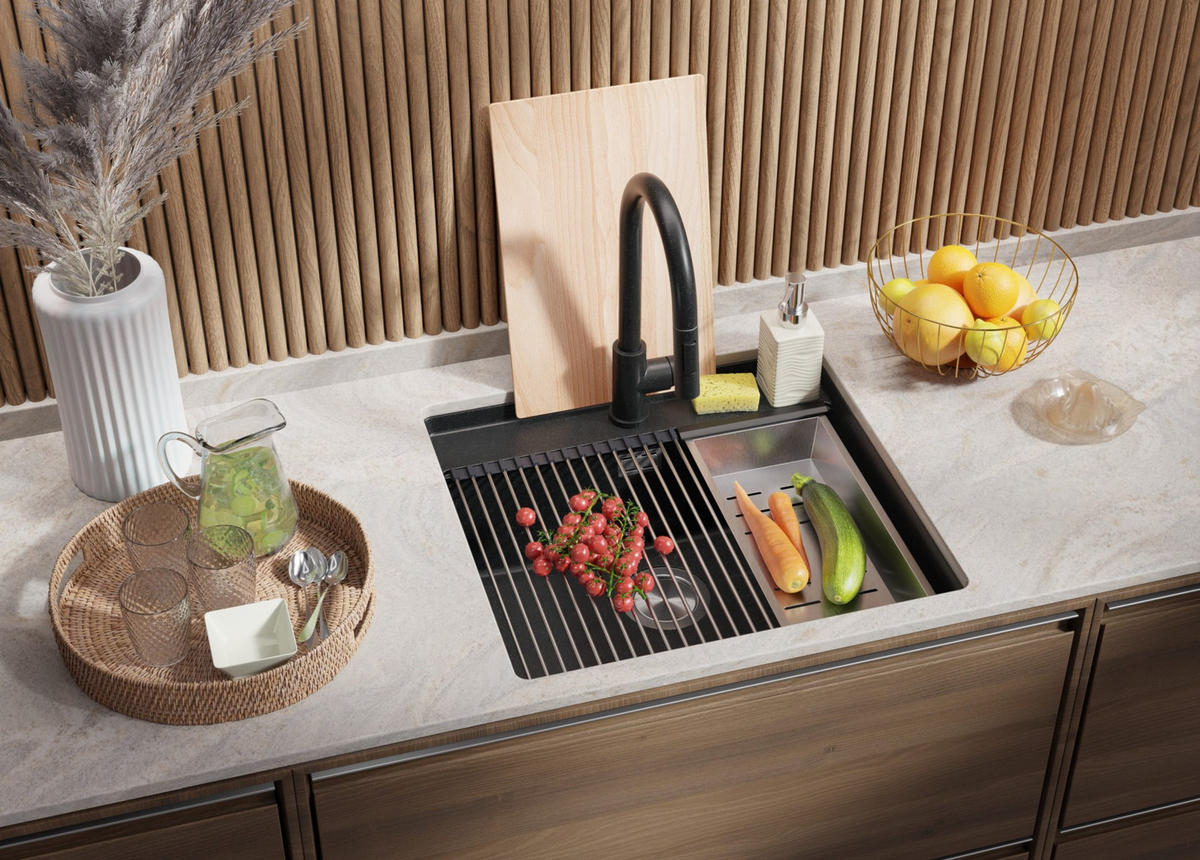 UNTERBAUSPÜLE GRANIT Bergen, 2-er set Anthrazit 56/53 cm 1 Becken + Ablauf-Set + Schneidebrett ab 60er Unterschrank - Chromfarben/Anthrazit, Kunststoff (56/20/53cm) - Primagran