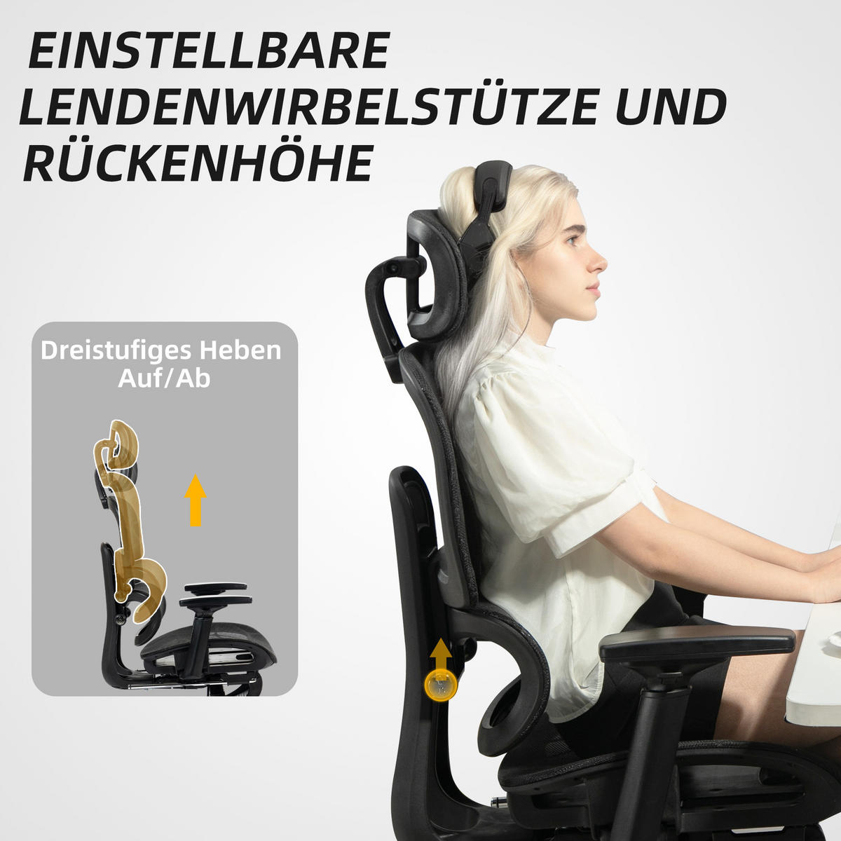 BÜROSTUHL Schreibtischstuhl mit Armlehne, Kopfstütze, Lendenwirbelstütze - Schwarz, Textil (64/122/66cm) - HOMCOM