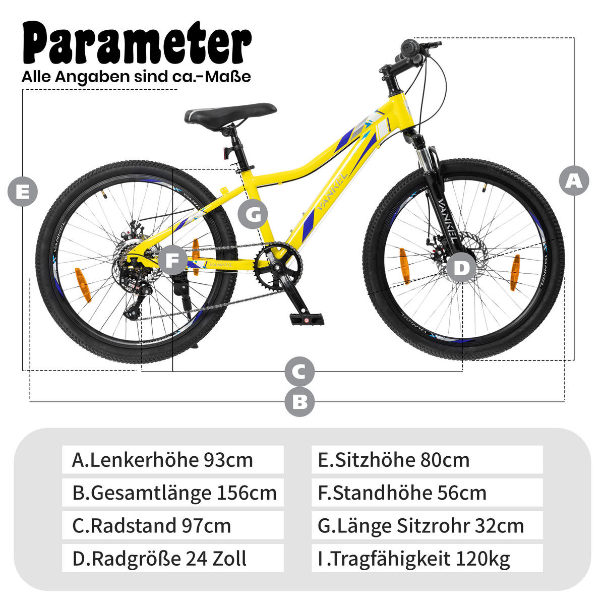 KINDERFAHRRAD 20 Zoll - Gelb mit V-Bremsen und 6-Gang-Schaltung - Stahlrahmen - Gelb, Metall (93cm) - Oxeza