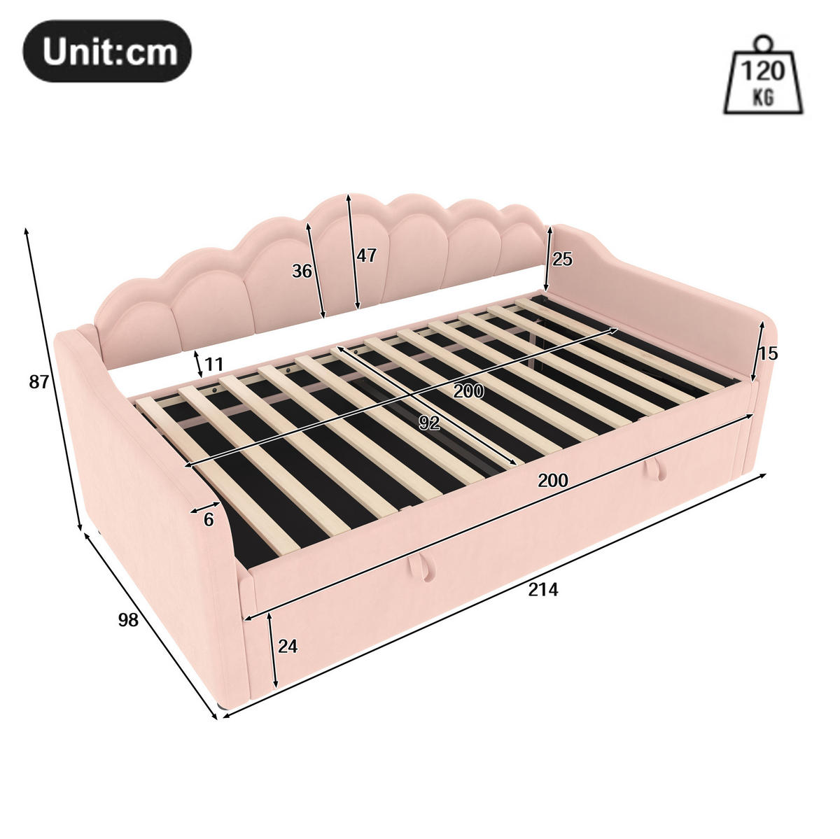 BETT mit Bettkasten 90/200 cm in Rosa – Samtbezug mit LED und Kopfteil - Rosa, Textil (90/200cm) - BEAOK