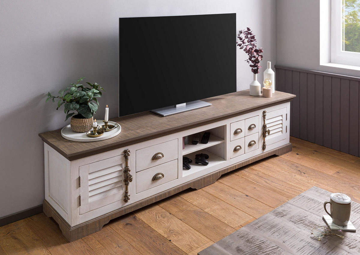 TV-BOARD Mango 220x45x55 weiß lackiert TOULOUSE #109 - Weiß, Holz (220/55/45cm) - Massivmoebel24