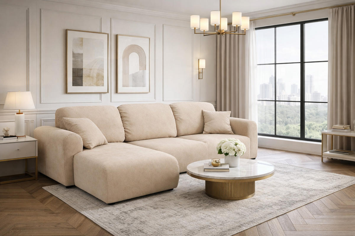 ECKSOFA Mit Schlaffunktion Und Bettkasten, Sofa L-Form Bingo L, Veloursstoff Salvador, Beige, Links - Beige, Holz (250/142cm) - Kaiser Möbel