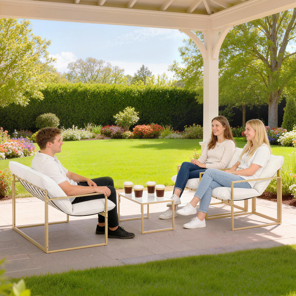 GARTENSET DE-13499 4-teilig mit 15 cm Kissen Khaki - Weiß, Metall - ComfortXL