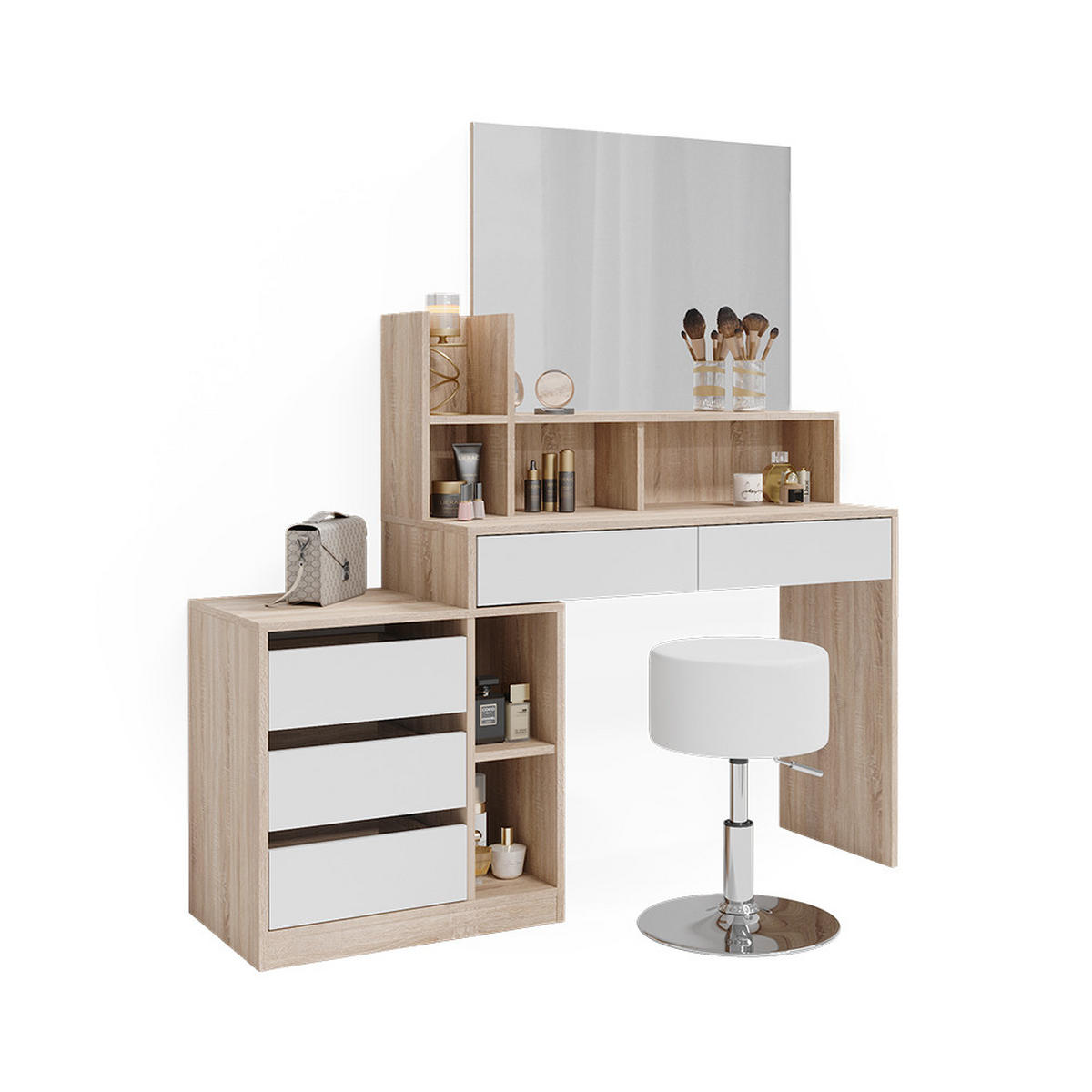 SCHMINKTISCH Anja Weiß/Sonoma 139.8 cm mit Hocker - Weiß/Sonoma Eiche, Holzwerkstoff (139.8/115/40cm) - Vicco