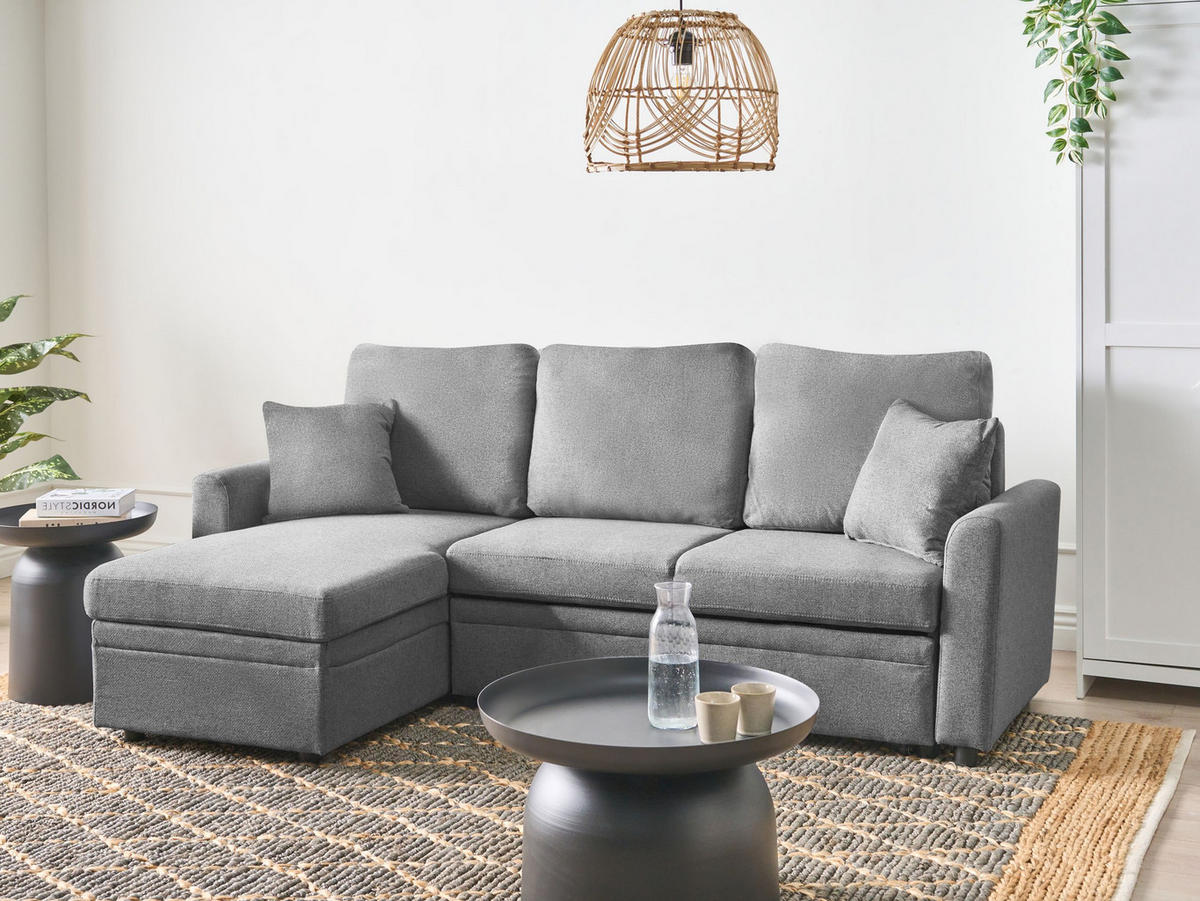 ROZKLÁDACÍ ROHOVÁ POHOVKA 3-místná Umělý len Šedá pravostranná Nassjo - šedá, textil (210/131cm) - Beliani