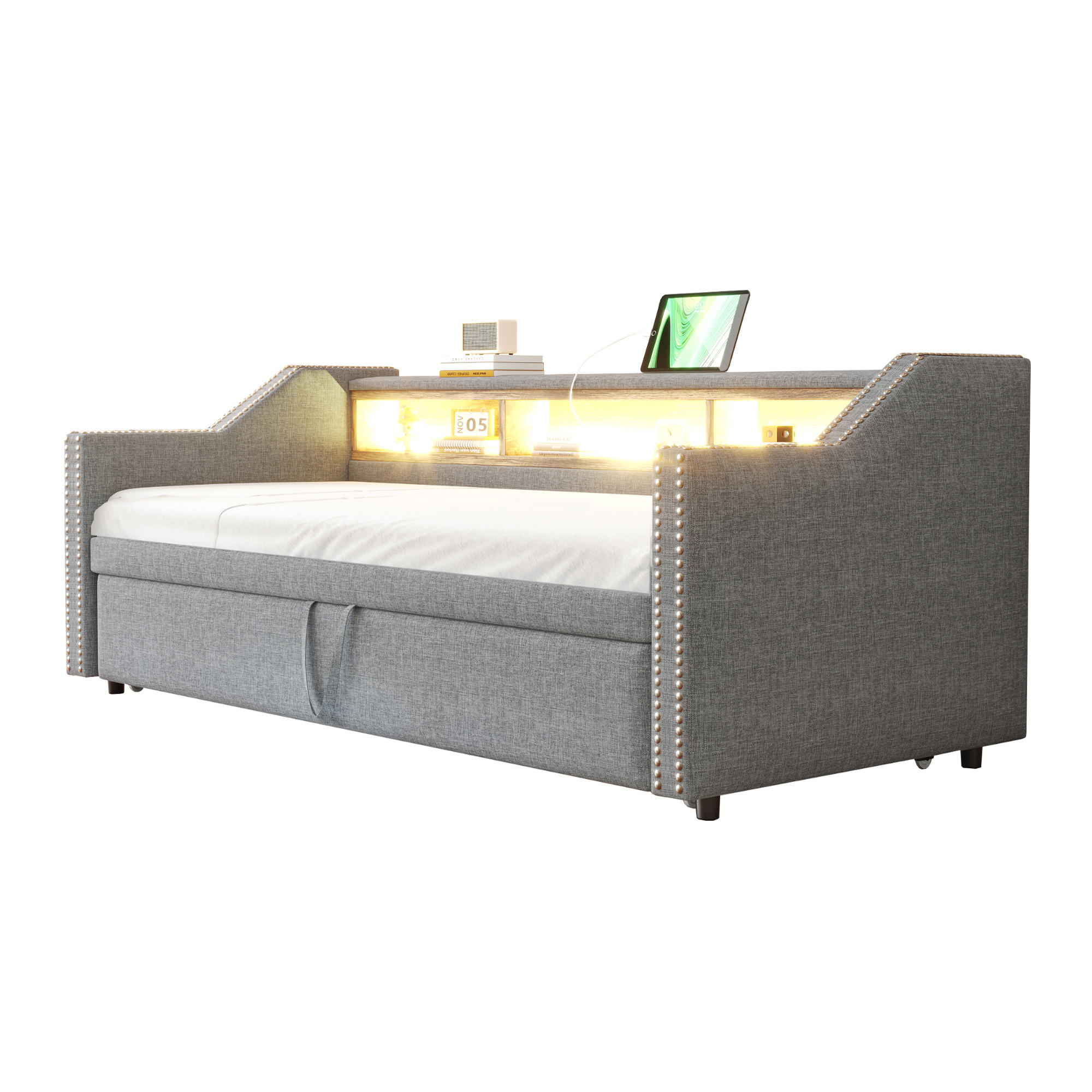 BETT Ausziehbar 90/190 cm mit LED-Beleuchtung & USB-Anschluss Hellgrau - Hellgrau, Textil (90/190cm) - OKWISH