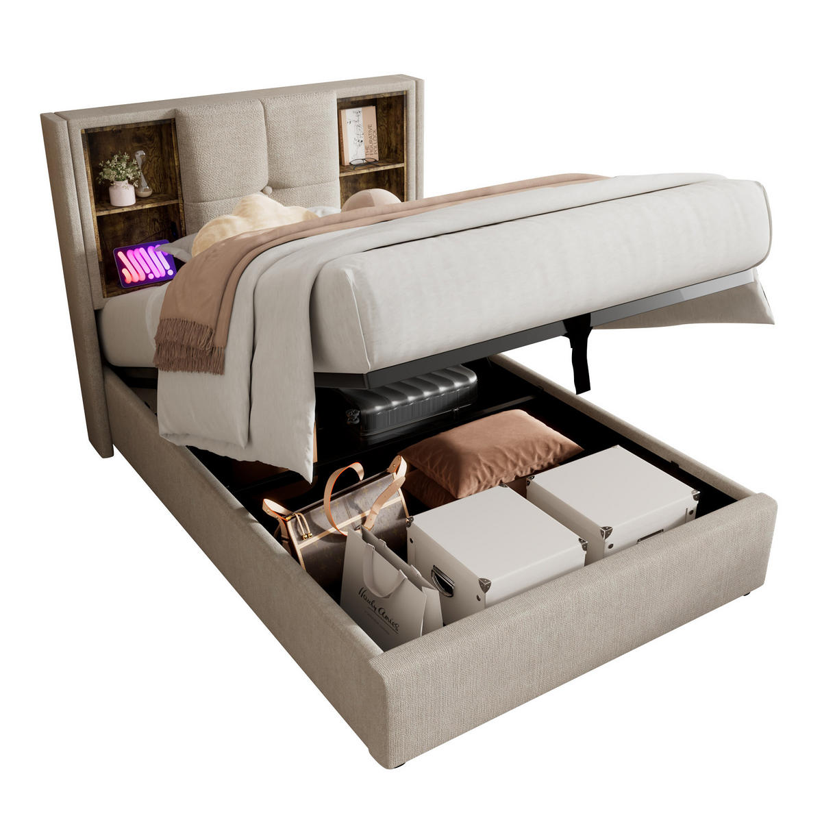POLSTERBETT 90/200 cm Naturfarben mit Kabellosem Laden und USB-Anschlüssen - Naturfarben, Textil (90/200cm) - OKWISH