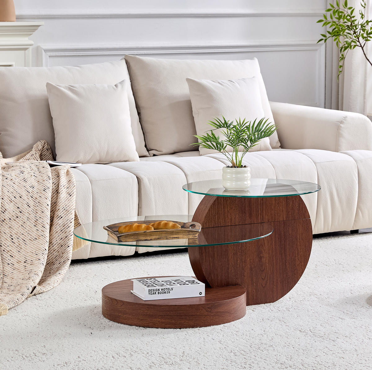 COUCHTISCH mehrstufig Ø 50/70 cm MDF Walnussoptik Transparent - Braun, Glas (90/70/44cm) - Meubliv
