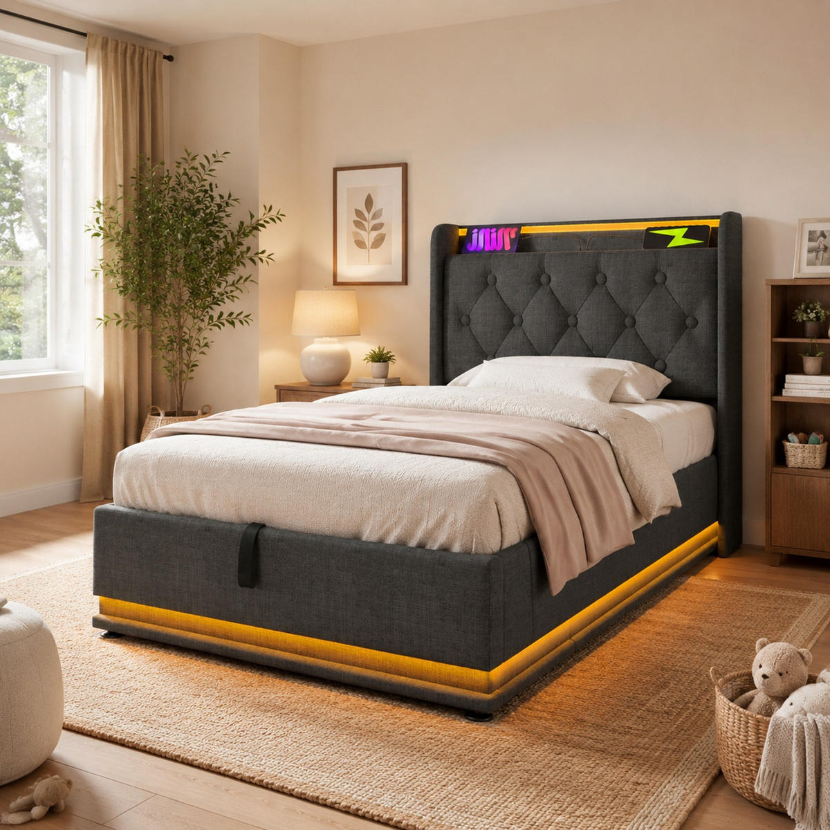 POLSTERBETT 90/200 mit Bettkasten, LED-Beleuchtung, USB und Type-C in Grau - Grau, Holzwerkstoff/Textil (90/200cm) - EVRYAE