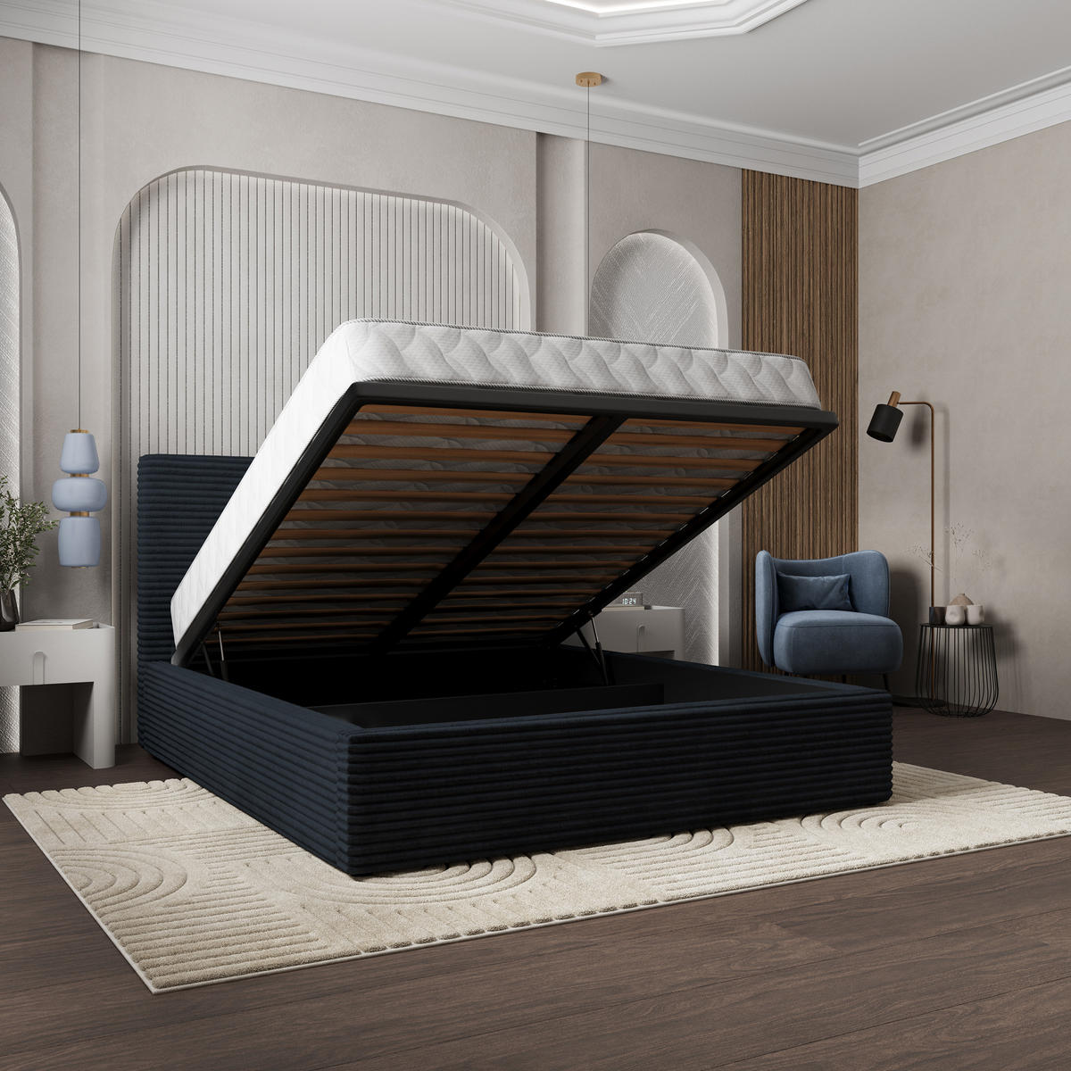 POLSTERBETT MIRETTI 160x200 cm mit Bettkästen - Schwarz - Schwarz, Holz (160/200cm) - MASSENO