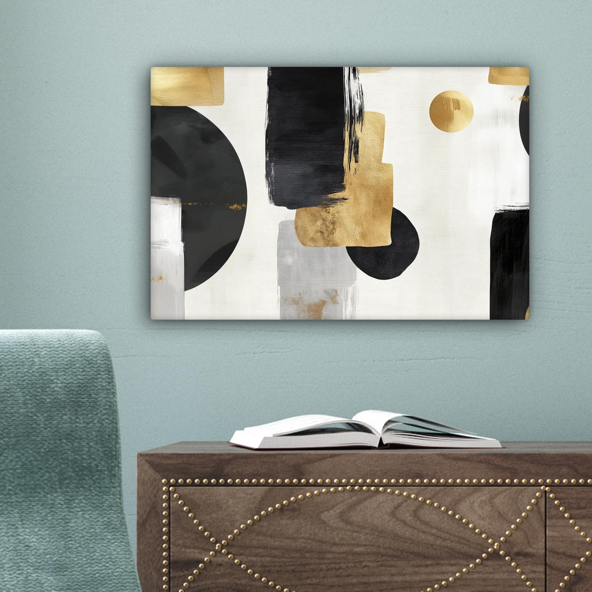 LEINWANDBILD Gold - Rechtecke - Kreise - Abstrakt Deko Schlafzimmer 30x20 cm - Weiß, Textil (30/20cm) - MuchoWow