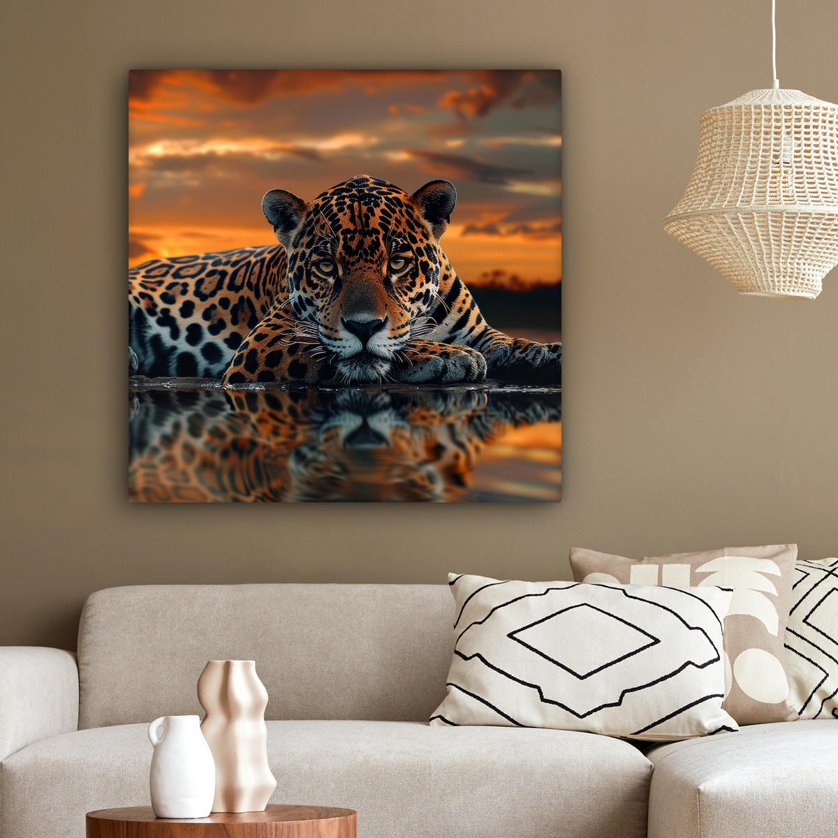 LEINWANDBILD Natur - Leopard - Tier - Sonnenuntergang - Modern 90x90 cm - Orange, Textil (90/90cm) - MuchoWow