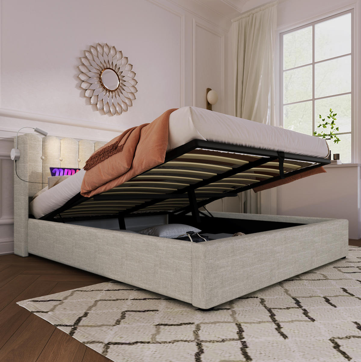 POLSTERBETT mit Bettkasten, USB und Leselicht 160x200 cm Beige - Beige, Metall (160/200cm) - Meubliv