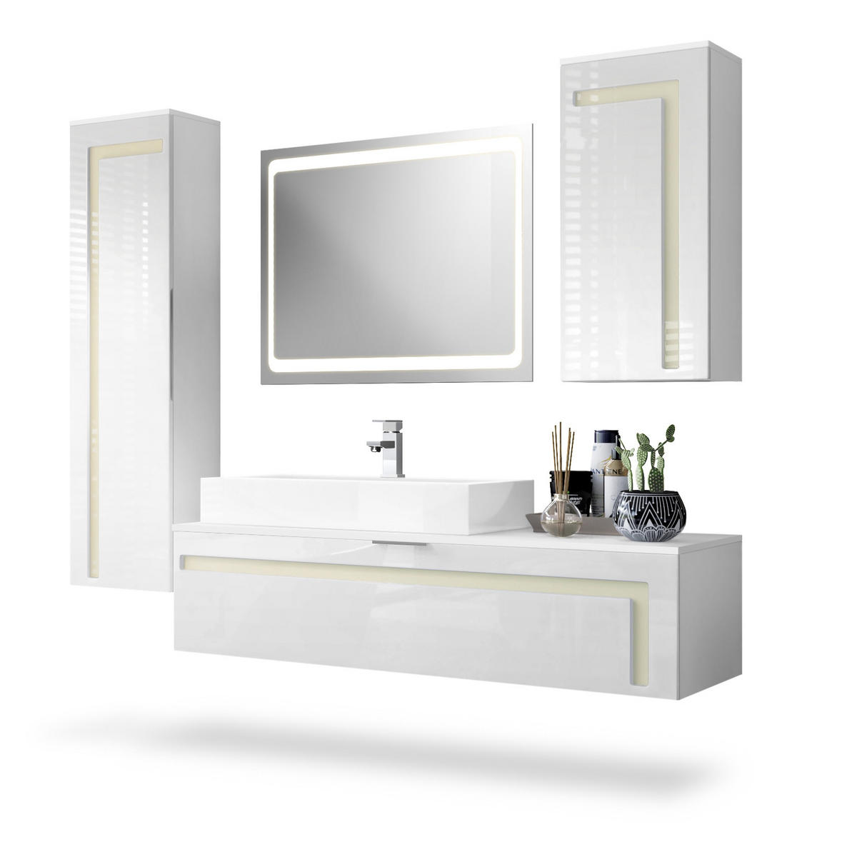 BADMÖBELSET Aloha Absetzungen in Creme Hochglanz - Creme, Holzwerkstoff (210/185/51cm) - Vladon