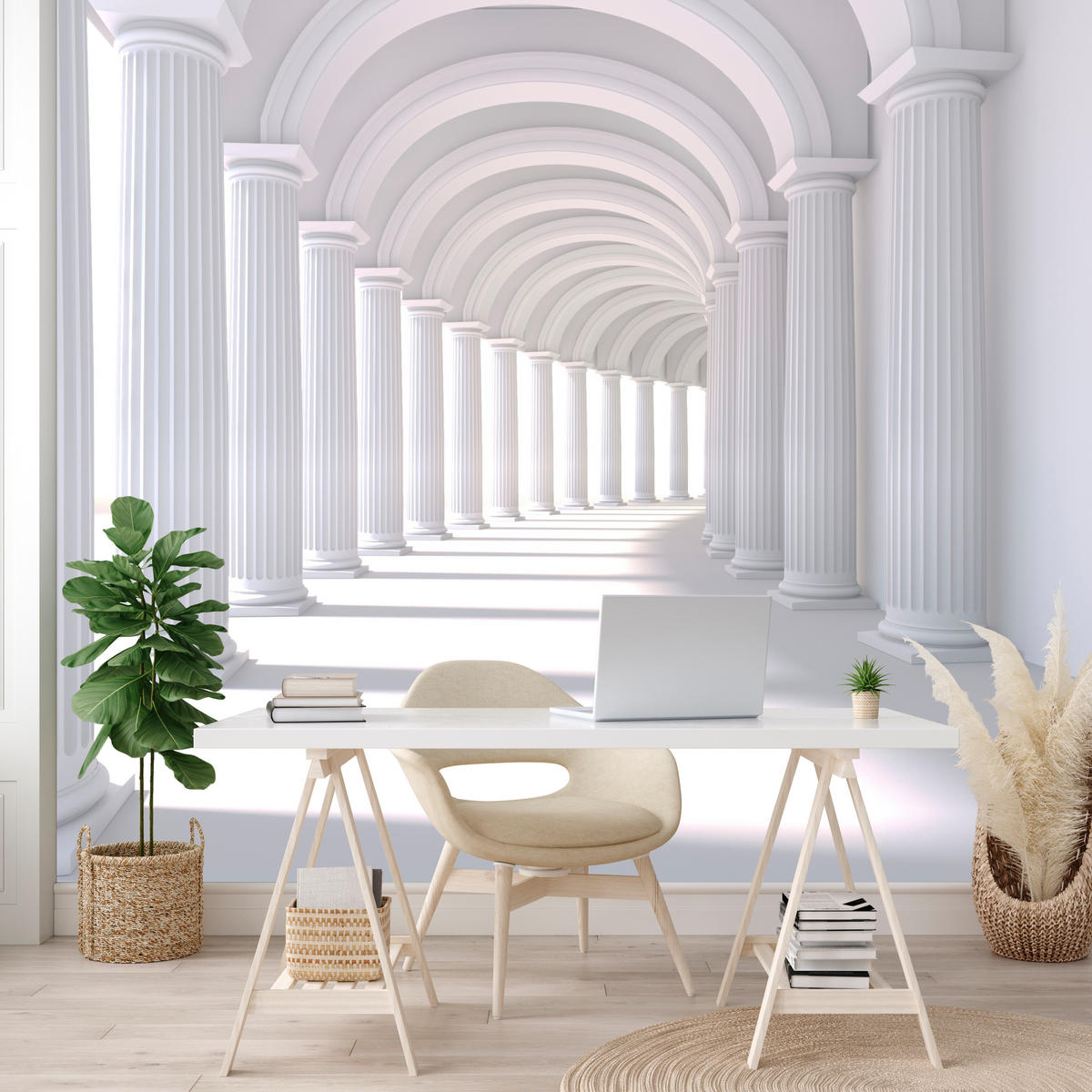FOTOTAPETE für Wohnzimmer Räumlich Tunnel Historische Säulen 200x140 - Weiß/Grau, Papier (200/140cm) - Muralo