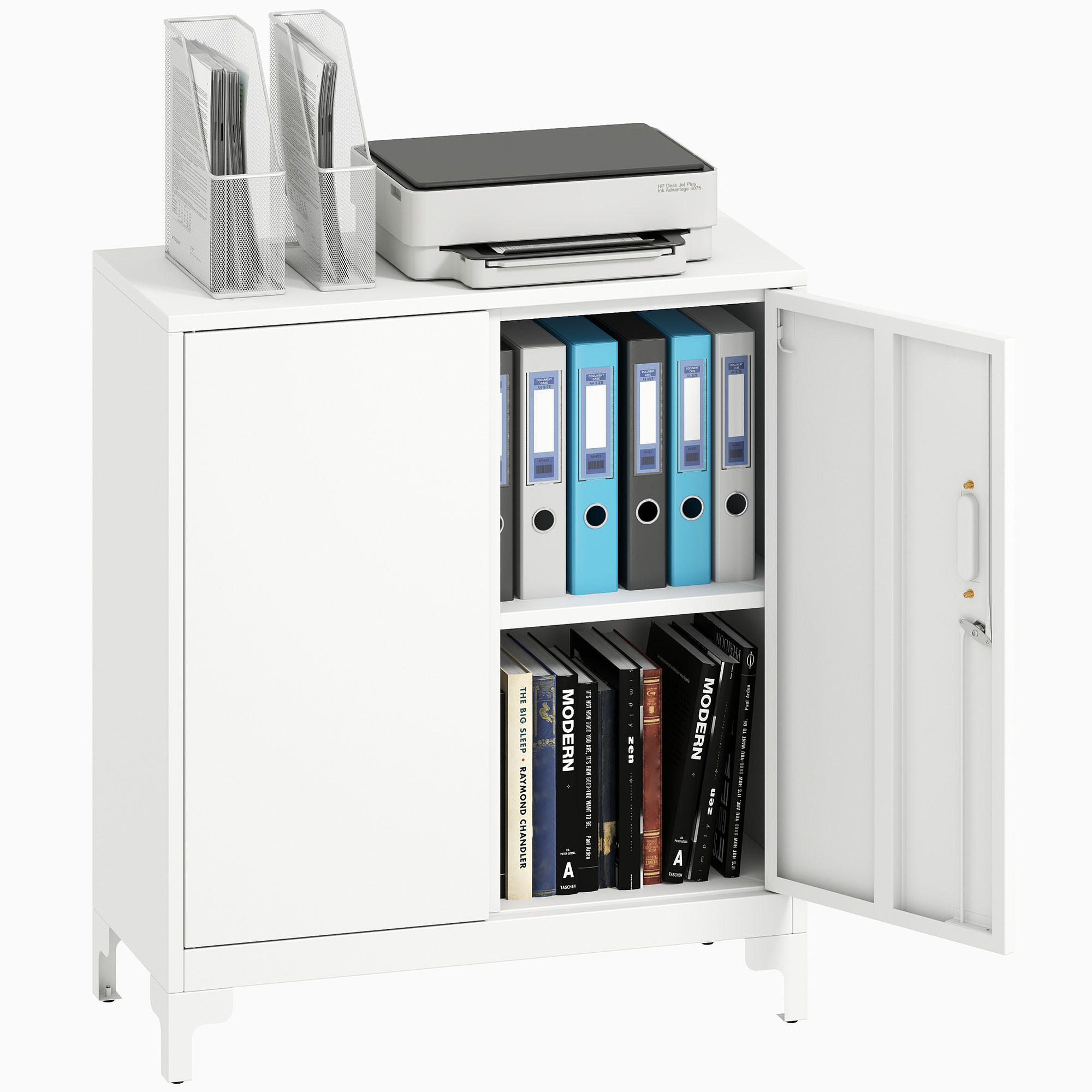 BÜROSCHRANK DE-09671 verschließbare Türen, 2-stufiges Design Weiß - Weiß, Metall (35/91/80cm) - ComfortXL