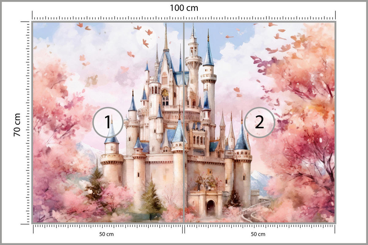 FOTOTAPETE für Kinderzimmer Märchenschloss Aquarell 100x70 - Blau/Violett, Papier (100/70cm) - Muralo
