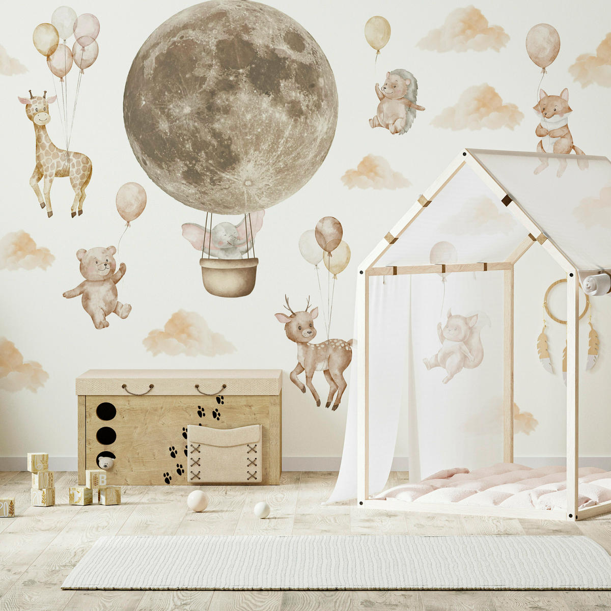 WANDSTICKER SET Tiere Ballons und Wolken 120x60 - Beige/Orange, Papier (120/60/60cm) - Muralo