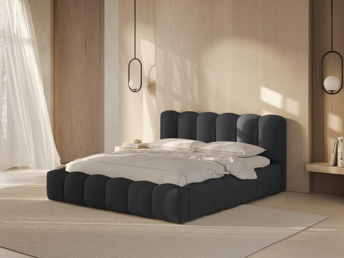 BETT mit Bettkasten und Kopfteil Lupine aus strukturiertem Stoff anthrazit 140x200cm - Anthrazit, Textil (140/200cm) - Micadoni