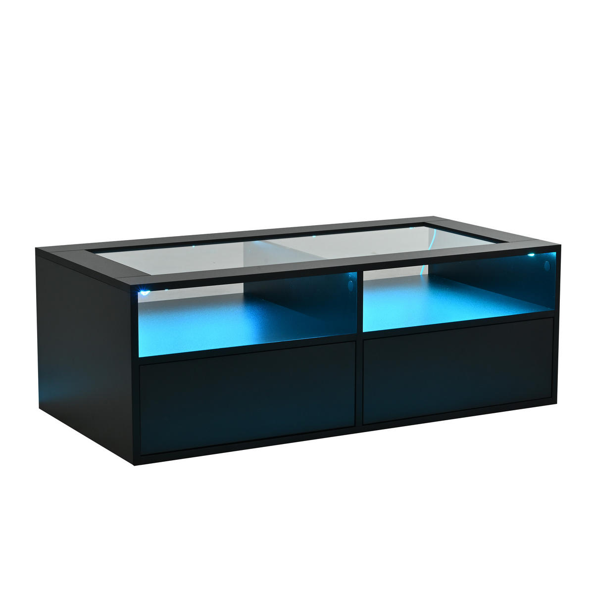 COUCHTISCH 100/50/35 cm Schwarz aus Glas und Holzwerkstoff mit LED-Beleuchtung und 2 Schubladen - Schwarz, Glas (100/50/35cm) - OKWISH