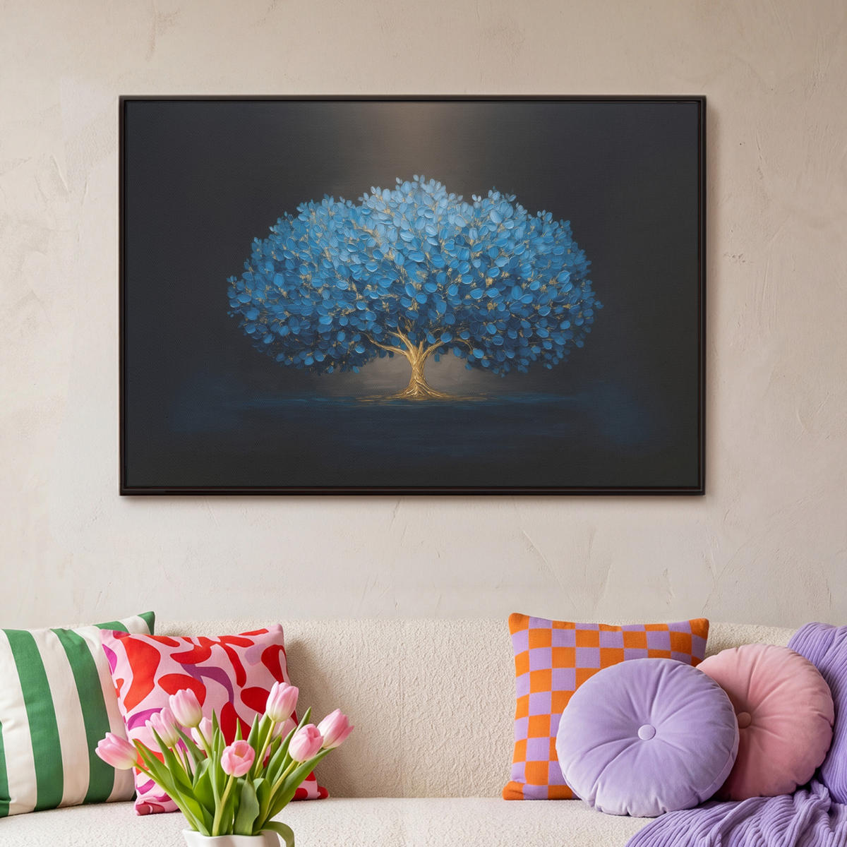 LEINWAND Bilder mit Rahmen - Baum - Blau - Blätter - Pinselstriche - 90x60 - Blau, Textil (90/60cm) - MuchoWow