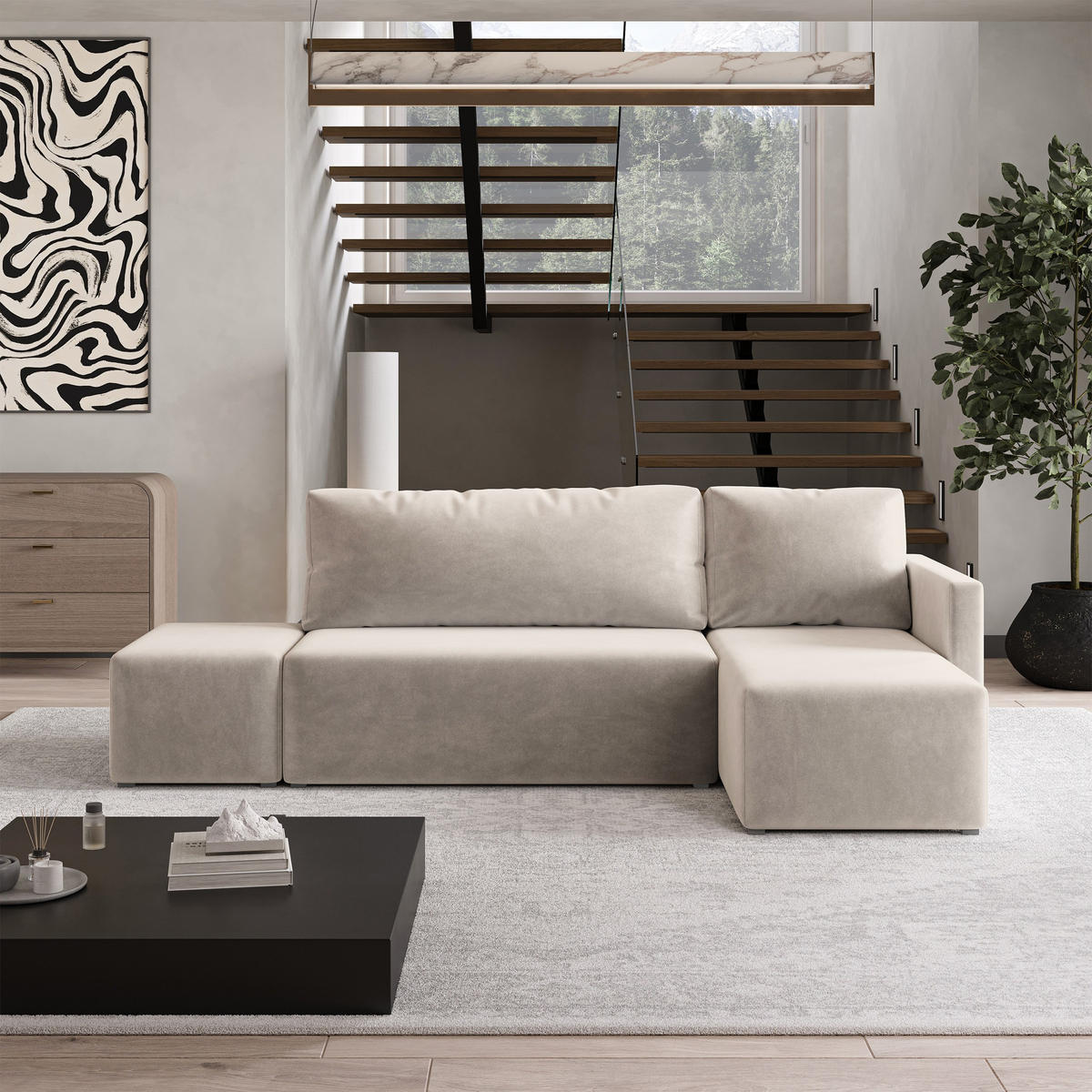 ECKSOFA VELOTTI R-S Beige Plüsch-Stoff mit Schlaffunktion - Beige, Holz (261/143cm) - MASSENO