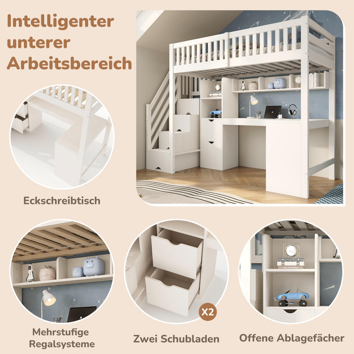 HOCHBETT 90/200 cm in Weiß mit Treppenschrank, Eckschreibtisch und Stauraum - Weiß, Holz/Holzwerkstoff (90/200cm) - WISHDOR