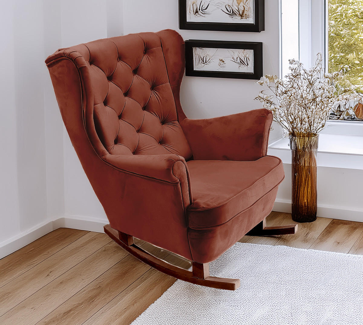 SCHAUKELSESSEL mit gepolstertem Sitz und Armlehnen, 102x81x95 cm, Burgunderrot_29833 - Kirschbaumfarben/Braun, Holz/Textil (81/102/95cm) - DomoHome
