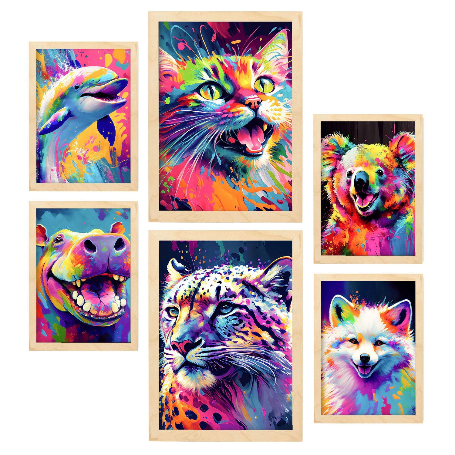 POSTER Set Mit 6 Land Und Wassertiere Im Hochformat Lebhafte Aquarell Stil Illustrationen Von Lächelnde Tiere A3 & A4 Rahmen Aus Hellem Holz - Beige, Papier (29/3cm) - Nacnic