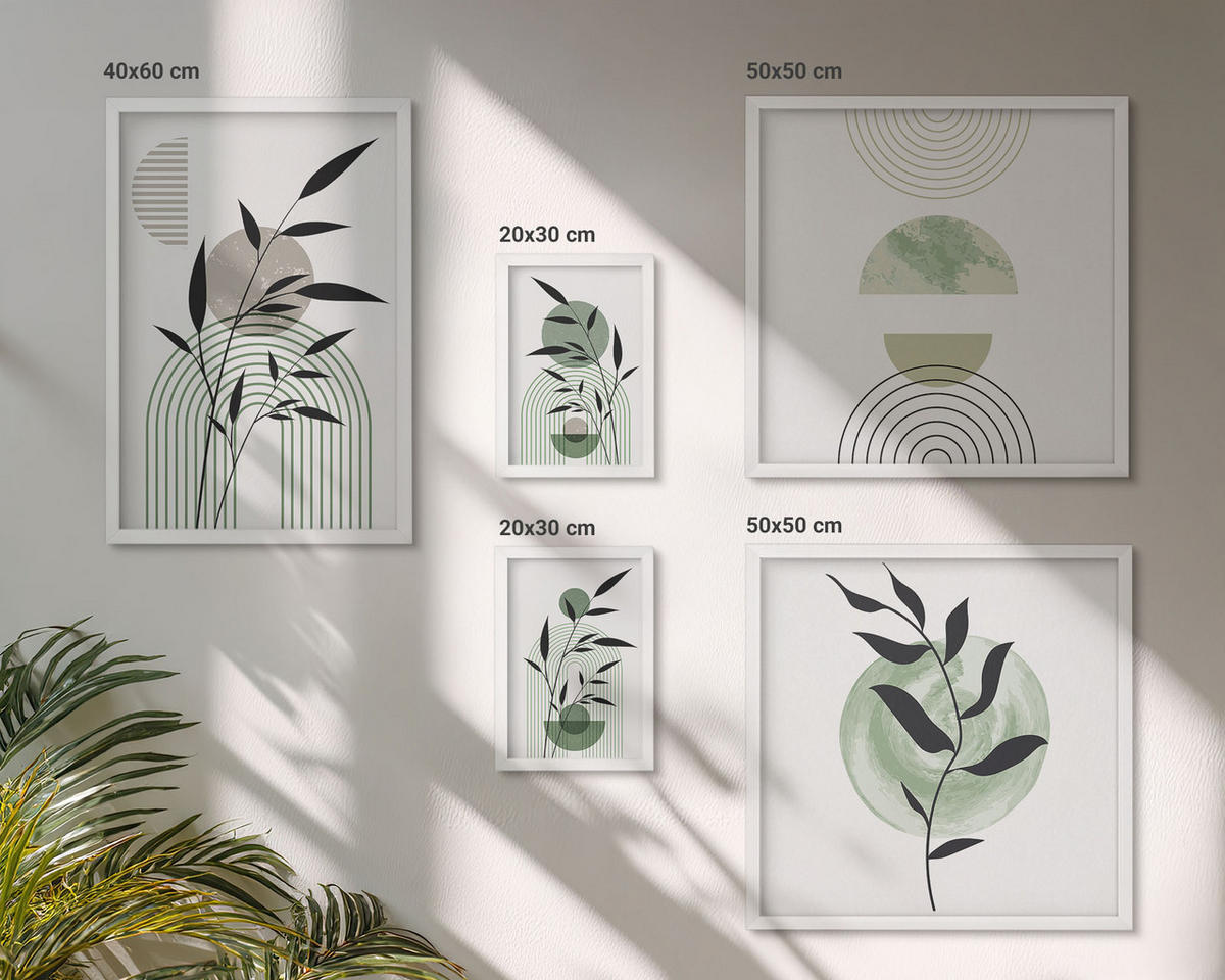 WANDBILDER 5er-Set - 50x50 cm & 20x30 cm & 40x60 cm Weißer Rahmen - Boho-Pflanzenkompositionen - Weiß, Kunststoff (40/60cm) - ArtPrintCave