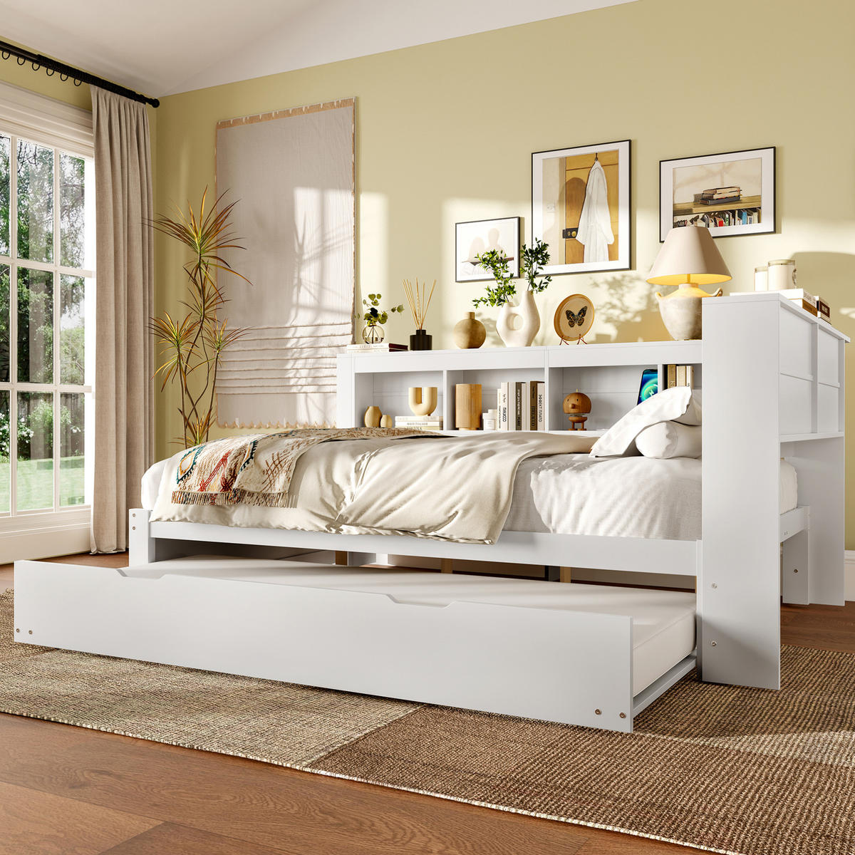 POLSTERBETT 140/200 cm mit Ausziehbett, USB-Anschlüssen, Steckdose und 2 Schubladen, MDF/Kiefernholz, Weiß - Weiß, Holzwerkstoff (140/200cm) - Redom