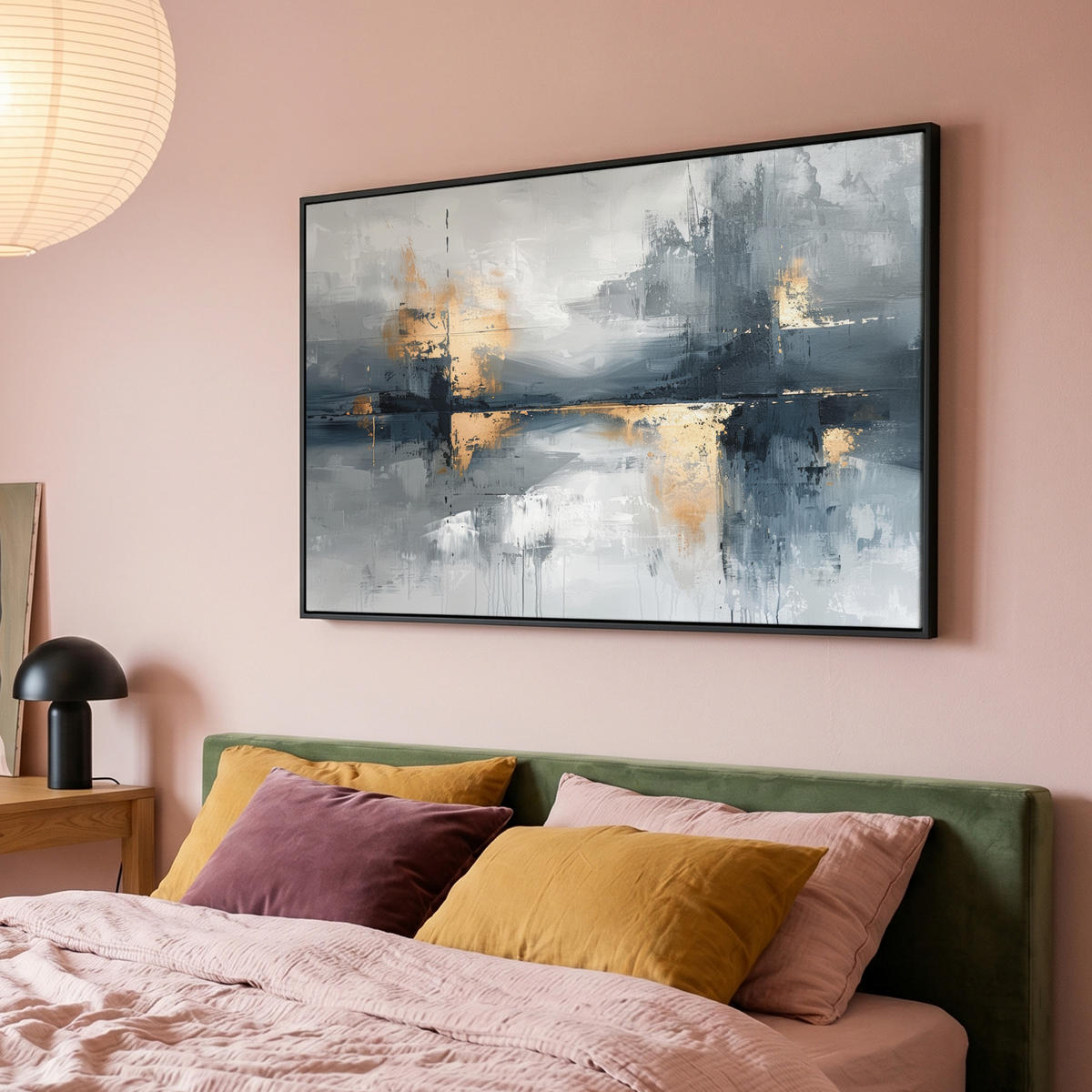 LEINWAND Bilder mit Rahmen - Kunst - Grau - Gold - Abstrakt - 140x90 - Dunkelgrau, Textil (140/90cm) - MuchoWow