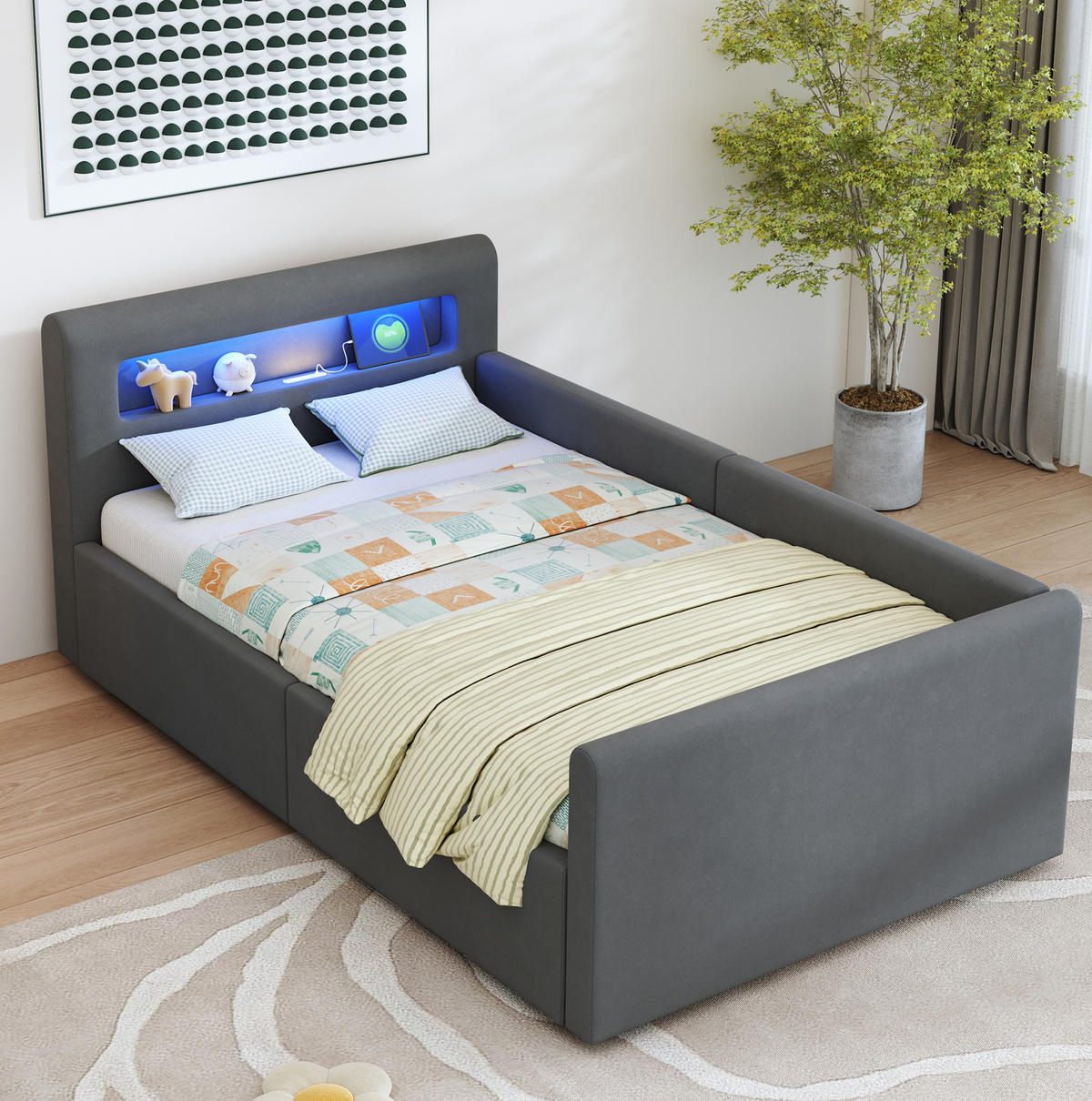 KINDERBETT 90/200 cm mit LED-Beleuchtung, Nachtlicht, USB und hydraulischem Stauraum, Samtstoff Dunkelgrau - Grau, Textil (90/200cm) - Redom