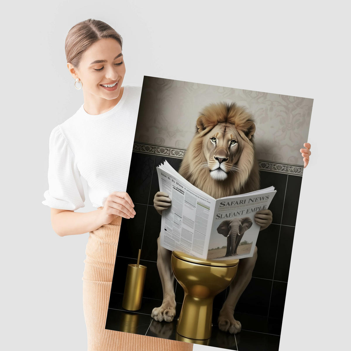 POSTER für WC Badezimmer LÖWE in Toilette Zeitung Abstraktion 30x40cm - Gelb/Beige, Papier (30/40/40cm) - Muralo