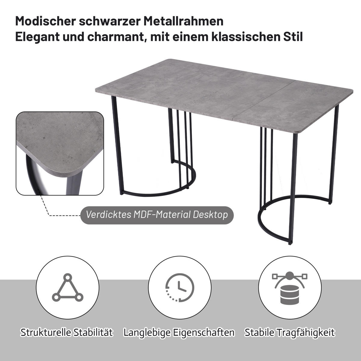 ESSTISCH 140x80x75 cm in Grau und Schwarz aus MDF mit Marmoroptik auf geometrischem Metallgestell - Grau, Holzwerkstoff (140/80/75cm) - Modfu