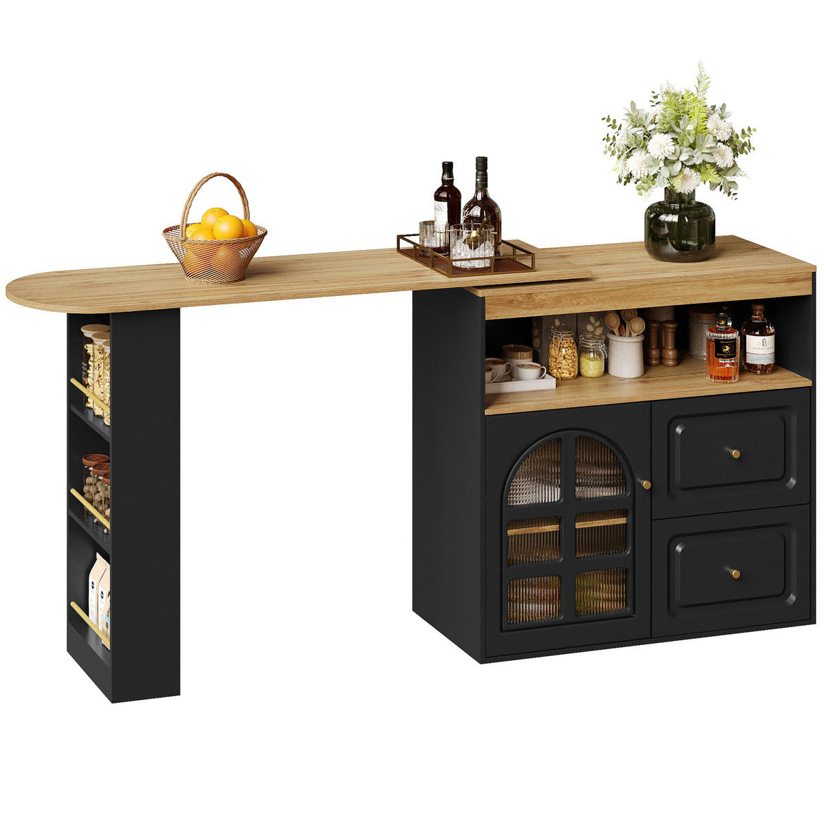 STEHTISCH 138-204x39x104cm Schwarz mit Snackregal & Drehfunktion - Schwarz, Holzwerkstoff (204/104/39cm) - Modfu