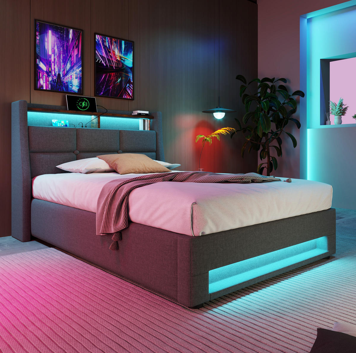 POLSTERBETT 90/200 cm aus Leinen mit LED USB und Matratze Grau - Grau, Textil (90/200cm) - Modenvie