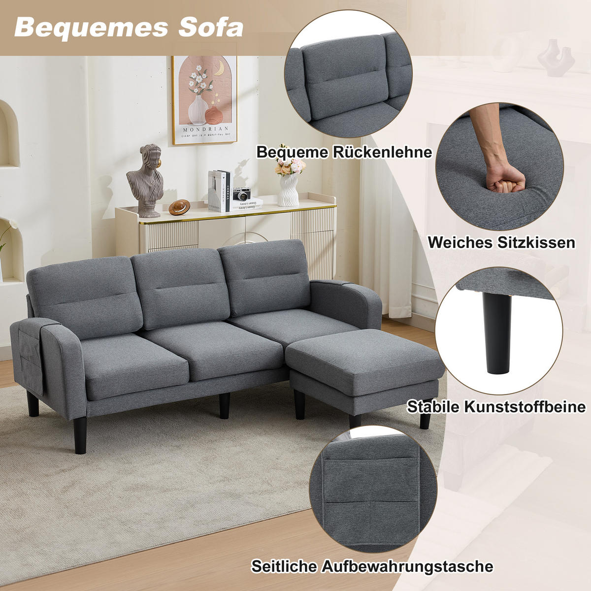 ECKSOFA L Form 3-Sitzer Chaiselongue Stauraum Tasche Grau 204cm - Grau, Textil (204/136cm) - FLIEKS