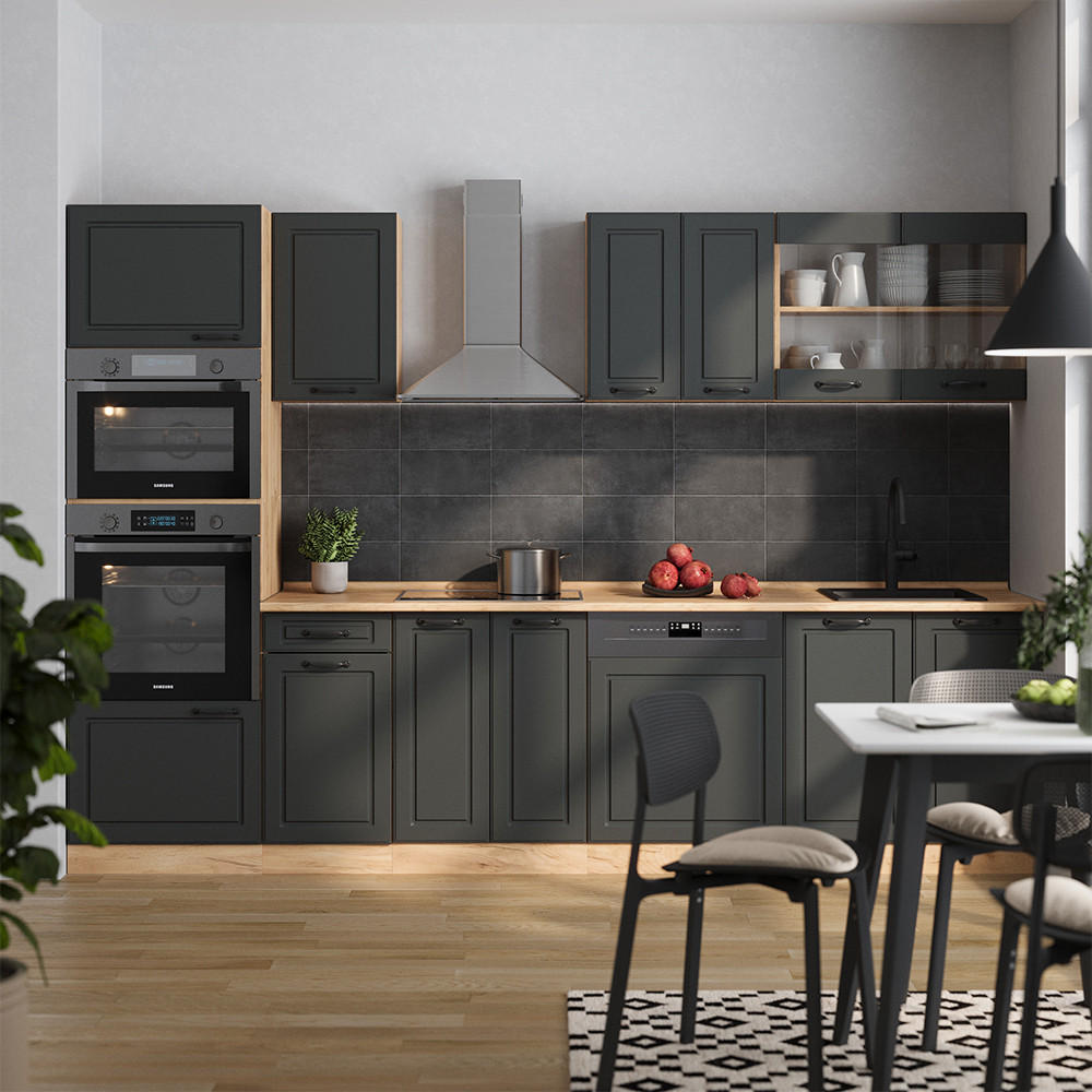 KÜCHENZEILE R-Line Anthrazit Landhaus/Goldkraft Eiche 300 cm mit Hochschrank, ohne Arbeitsplatte - Honigeiche/Anthrazit, Holzwerkstoff (300/81.6/46cm) - Vicco