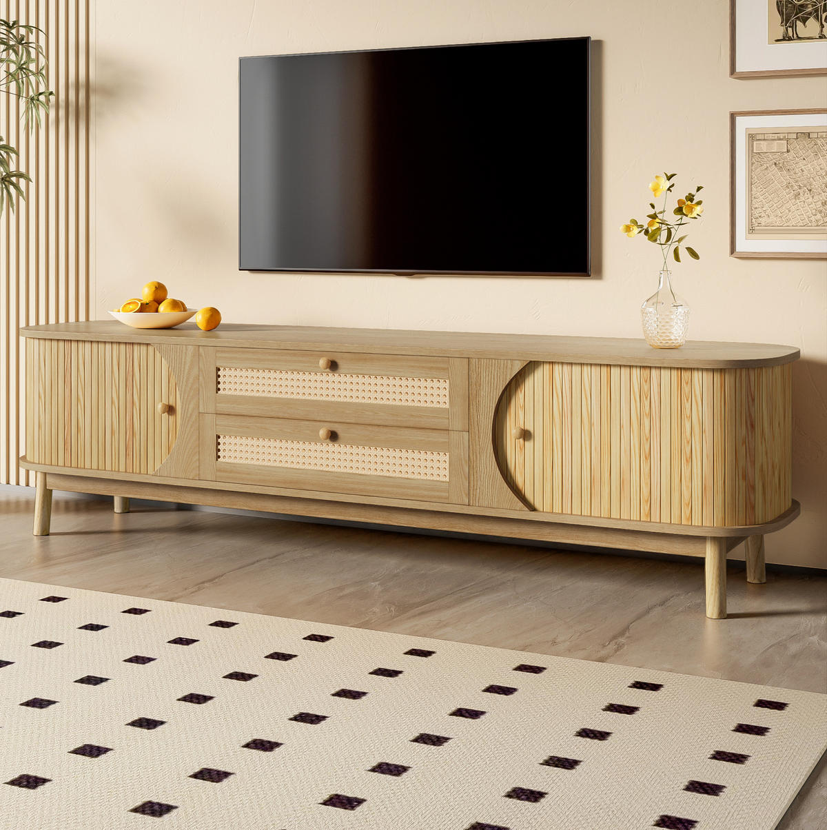 TV-SCHRANK mit Rattan-Türen und Schubladen 170 x 39,5 x 46 cm - Hellbraun, Holzwerkstoff (39.5/46/170cm) - Beauniv