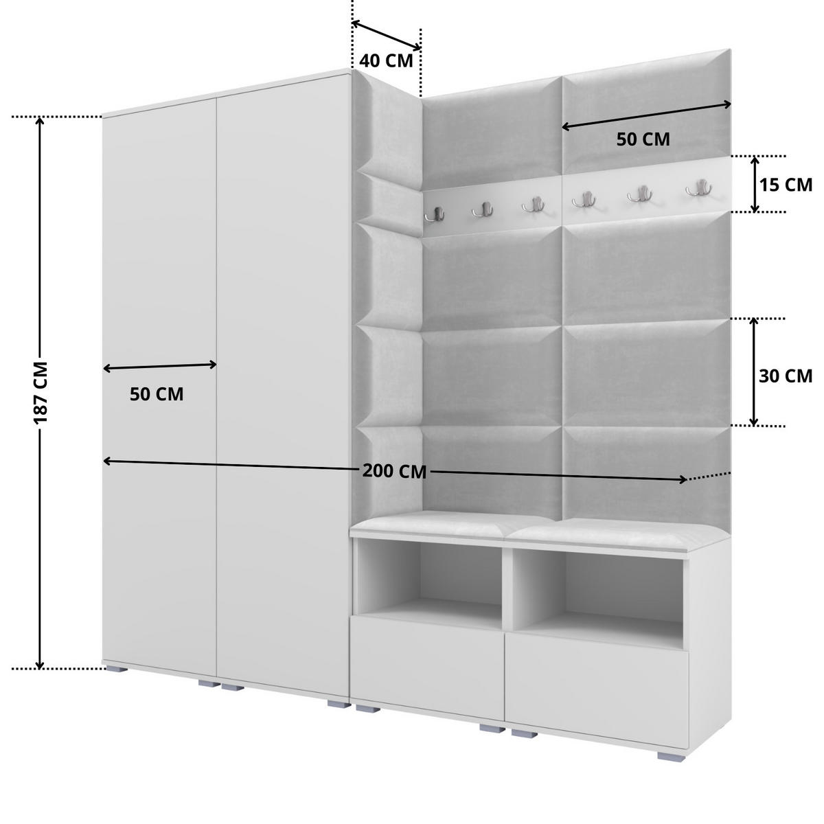 GARDEROBE NELA VI 200 cm (Kompaktgarderobe Weiß mit Sitzpolster Hellgrau 32 Schrank & Paneel) - Silberfarben/Hellgrau, Holz/Holzwerkstoff (200/187/40cm) - Ravio