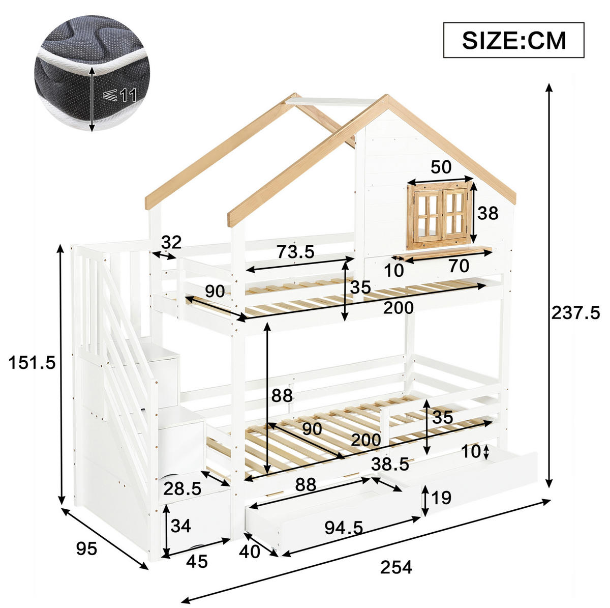 ETAGENBETT Weiß/Natur 90/200 cm mit Treppe und Stauraum - Weiß, Holz (90/200cm) - MIVRAY