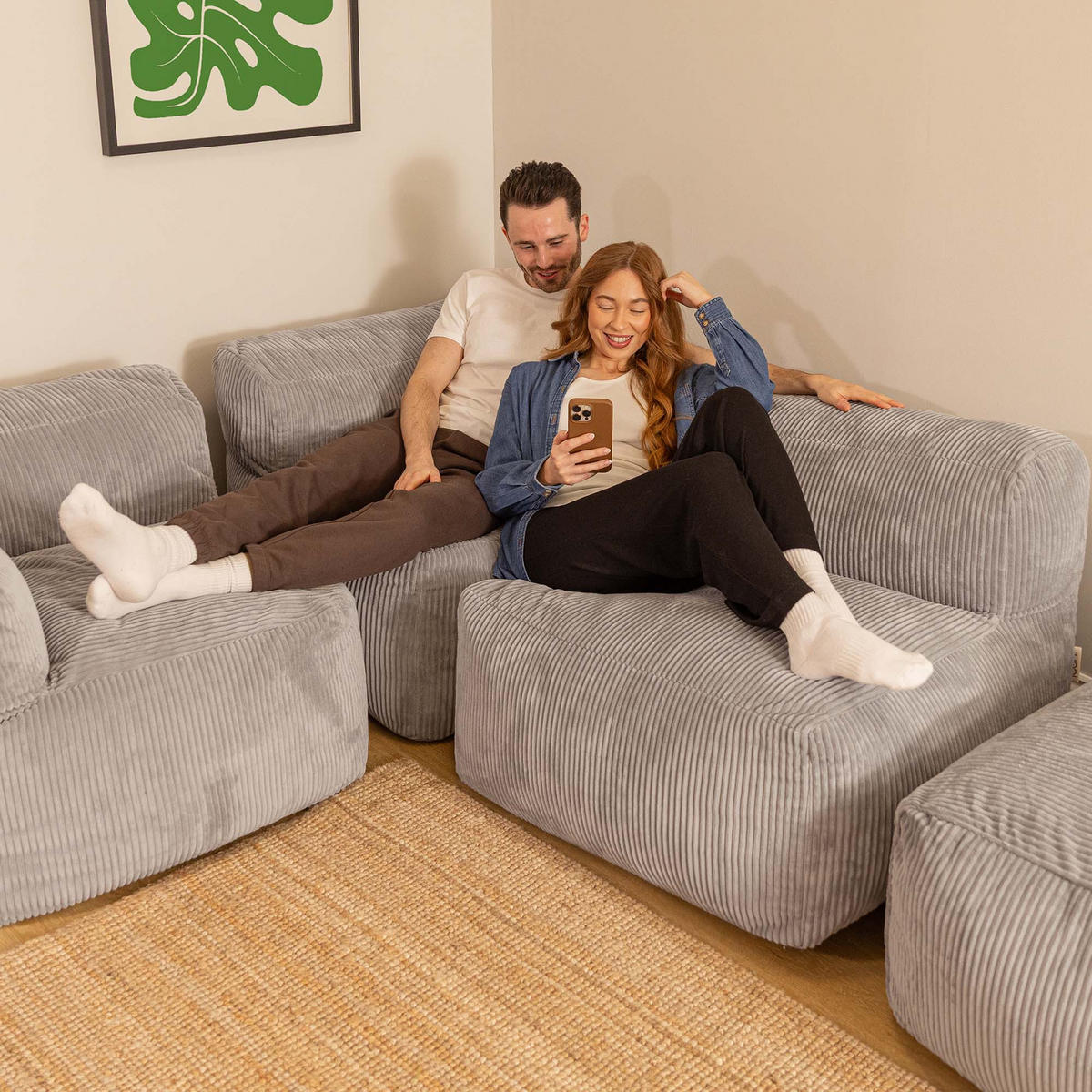 SITZSACK-SOFA 4-tlg. ZEN: 2 Ecksessel, Sessel, Fußstütze - Grau, Textil (390/68/100cm) - icon