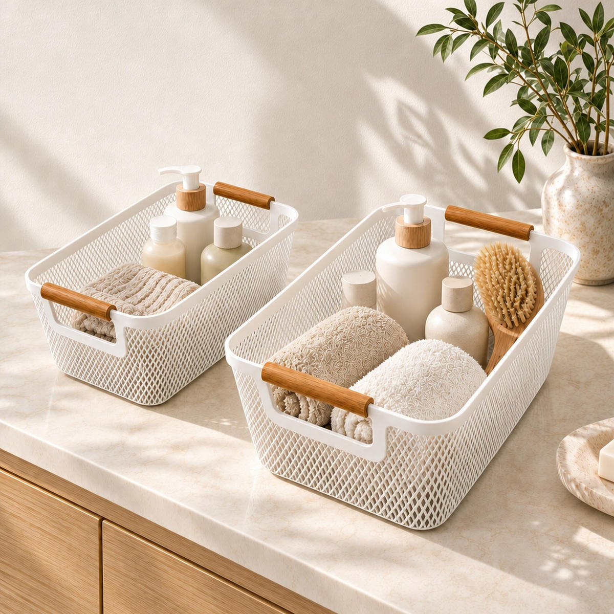 FÖRVARINGSKORG Vit 6-pack plast trähandtag storlek M - Vit, Trä/Plast (19.5/32/16cm) - Relaxdays