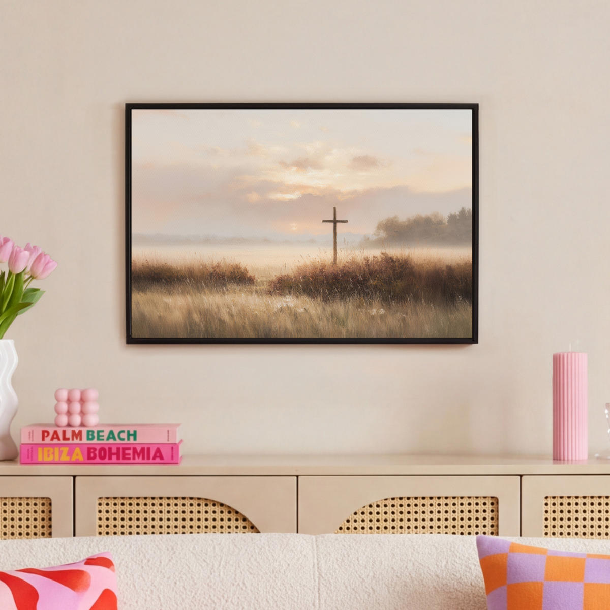 LEINWAND Bilder mit Rahmen - Gras - Morgennebel - Kreuz - Christentum - 60x40 - Beige, Textil (60/40cm) - MuchoWow