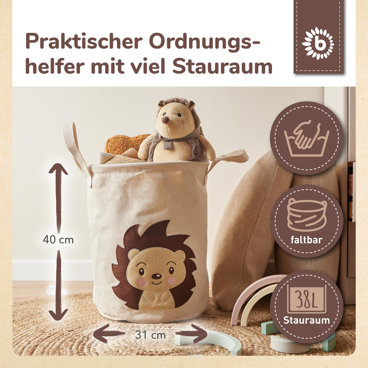 WÄSCHEKORB Igel Piksi - Beige, Textil (31/31cm) - Bieco Spielwaren