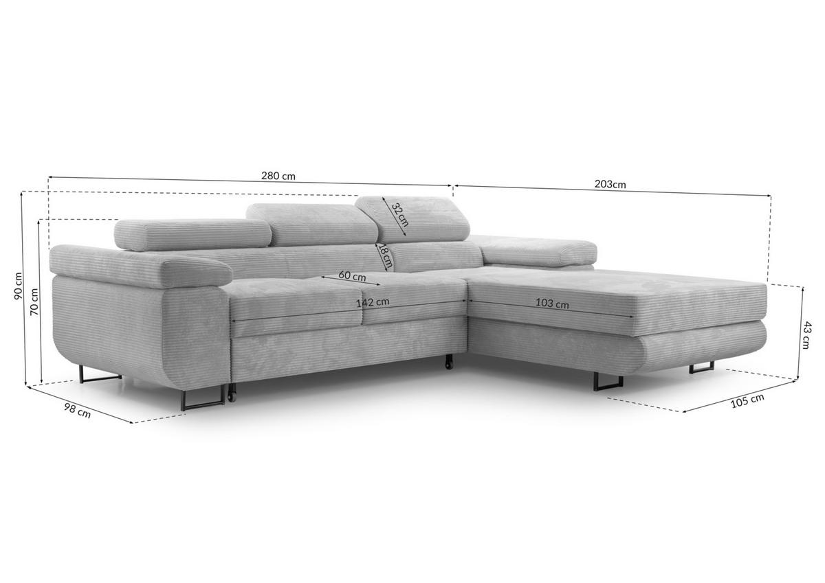 ECKSOFA L Form Arborio Zartweiß 280/203/90 cm Rechts mit Schlaffunktion - Creme/Schwarz, Textil/Metall (280/203cm) - AX Living